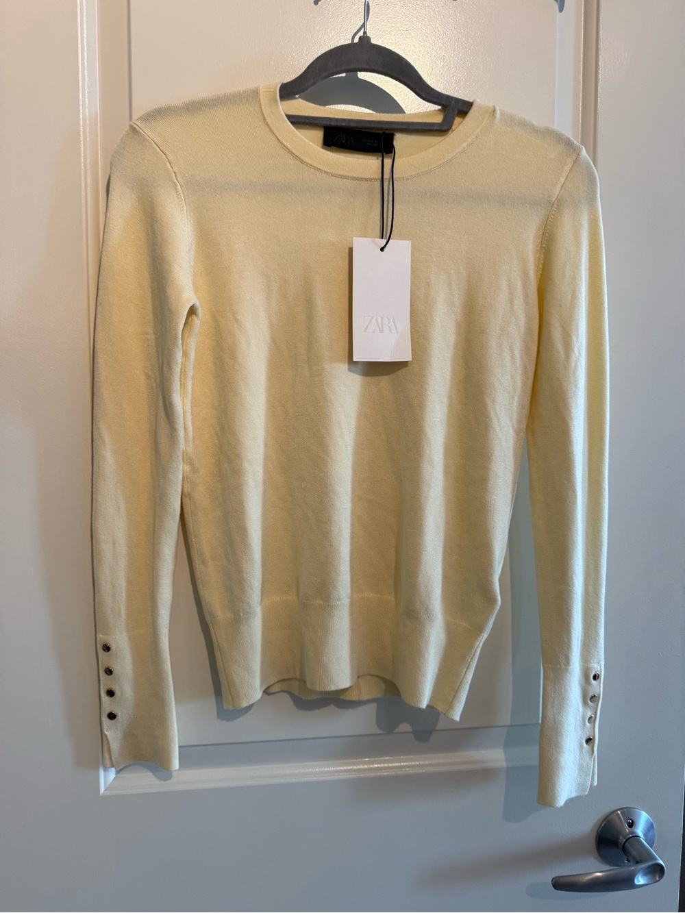 Zara Soft Lemon Crewneck Sweater with Cuff Buttons - Picture 2 of 6